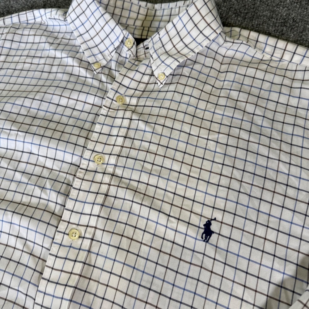Ralph Lauren Button Down Shirt Mens 1XB Big & Tall Tattersall Cotton White Blue